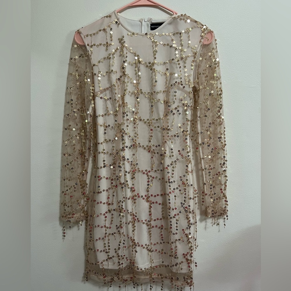 prettylittlething, size 2, long sleeve long gold sequin mini dress, worn once